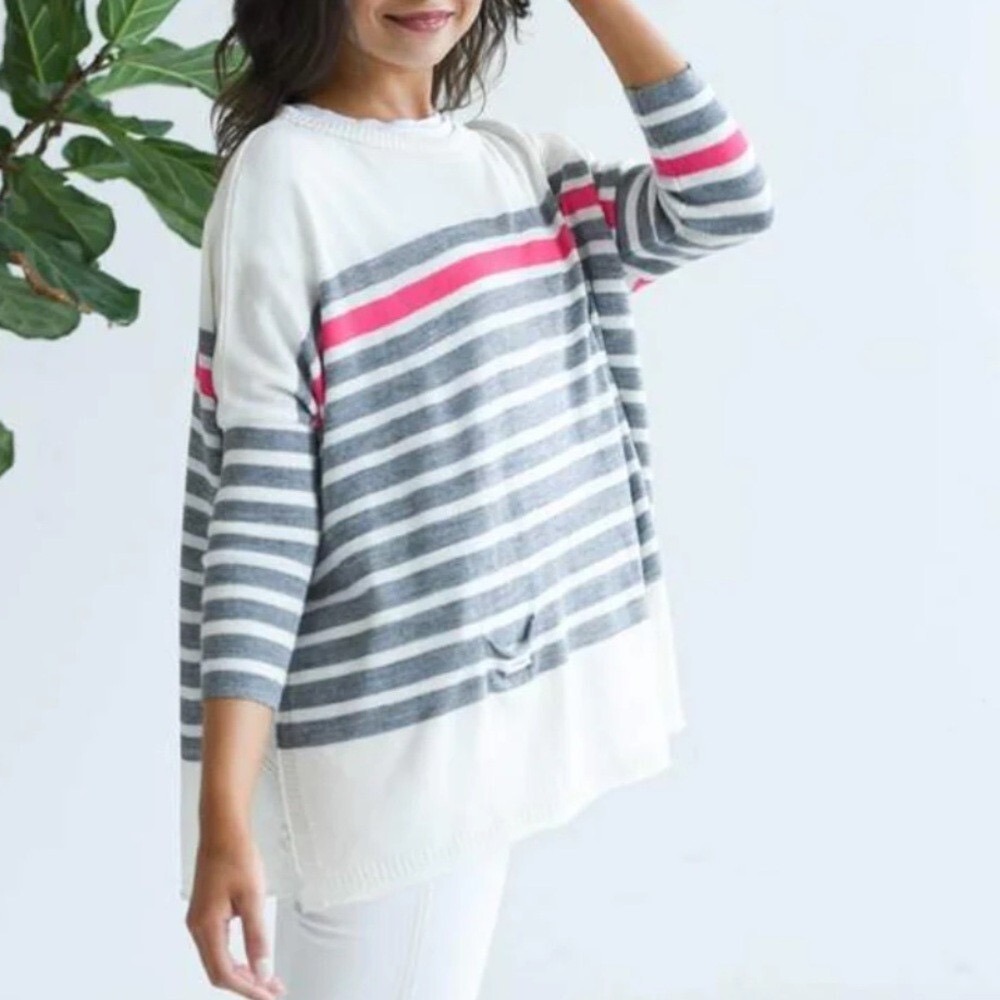 Mer Sea Catalina Crewneck Sweater Womens OS Striped Gray Pink Oversized Boxy